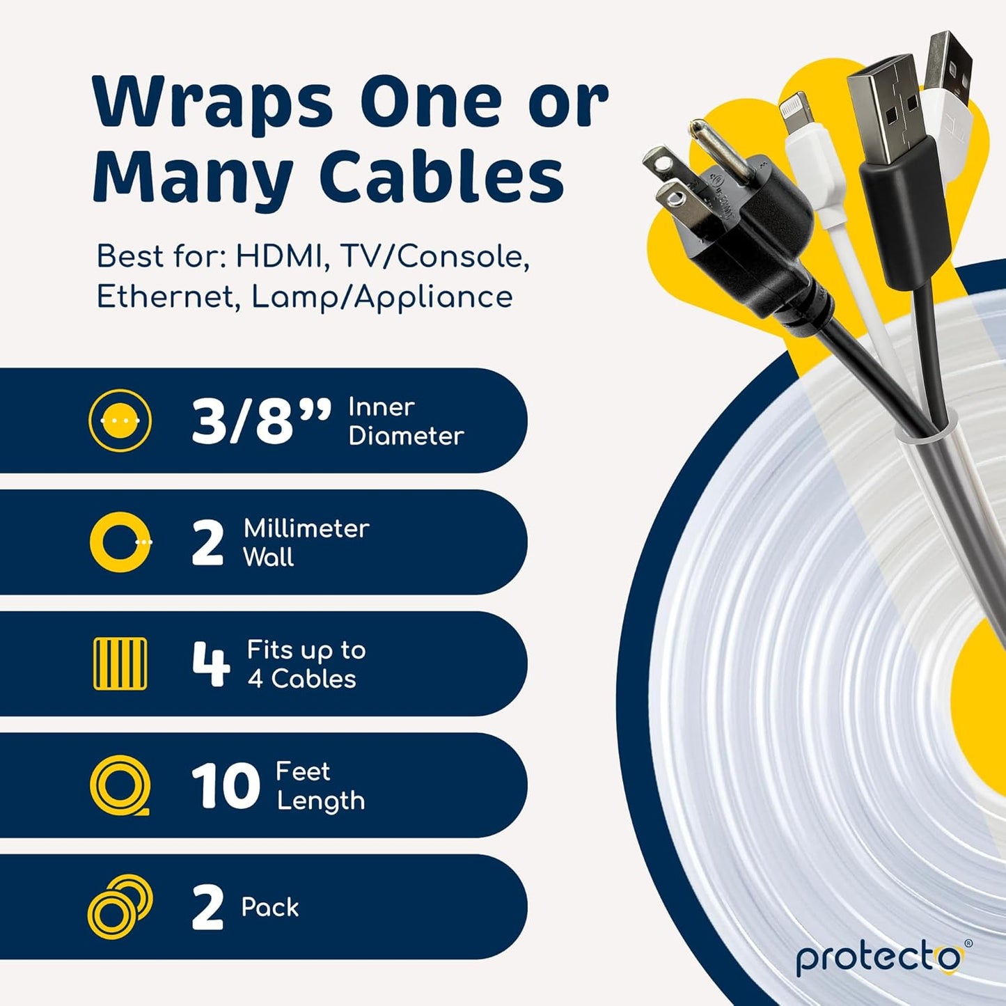 PROTECTO 2-Pack Heavy Duty Cord Protectors from Pets No Chew Solution, 10ft Easy to Use Dog & Cat Cord Protector, Clear & Odorless Critter Cord Covers for Pets, Power Audio Video Wire Protector Tubing