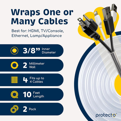 PROTECTO 2-Pack Heavy Duty Cord Protectors from Pets No Chew Solution, 10ft Easy to Use Dog & Cat Cord Protector, Clear & Odorless Critter Cord Covers for Pets, Power Audio Video Wire Protector Tubing