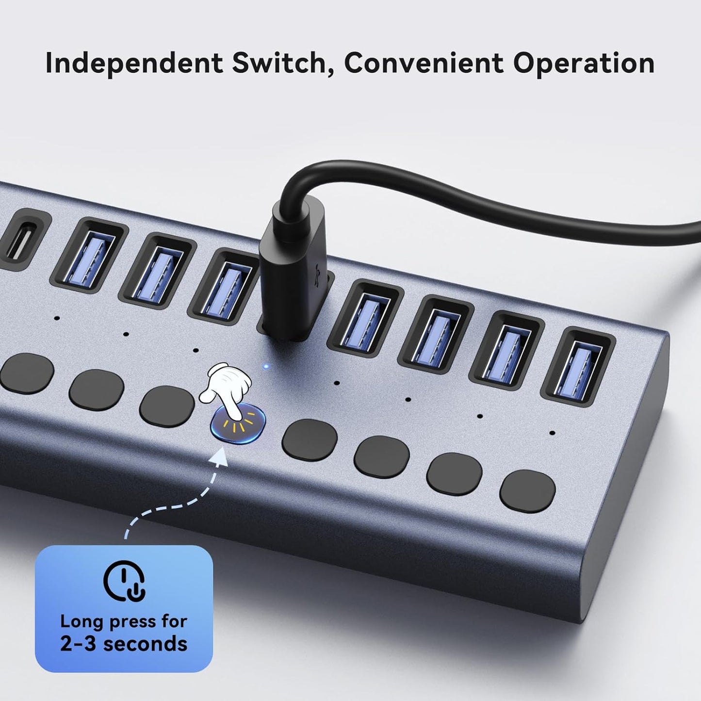 ACASIS 10 Ports 60W USB C 3.2 Hub, 10Gpbs Data Transfer, 20V/3A Power Adapter, Individual On/Off Switches, Aluminum Housing, USB Splitter for PC, Computer, Laptop, Mobile HDD, Flash Drive