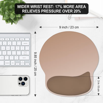 ITNRSIIET Ergonomic Mouse Pad with Wider Memory Foam Wrist Rest +17% - Curved Cushion Reduces Pressure 20%, Pain Relief, Non-Slip, Smooth, Cute Colors, 9.85 x 9 in, Soft Brown Gradient