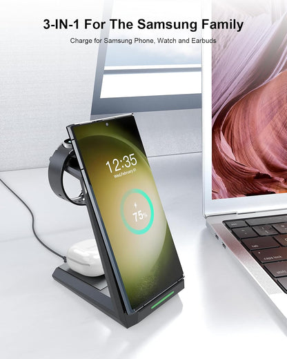 Wireless Charger for Samsung - NANAMI 3 in 1 Charging Station for Multiple Devices, Fast Charger Stand for Galaxy S25 S24 S23 Ultra S22 S21 Z Flip Fold 4,Galaxy Watch 6/5/5 Pro/4/3, Galaxy Buds 2 Pro
