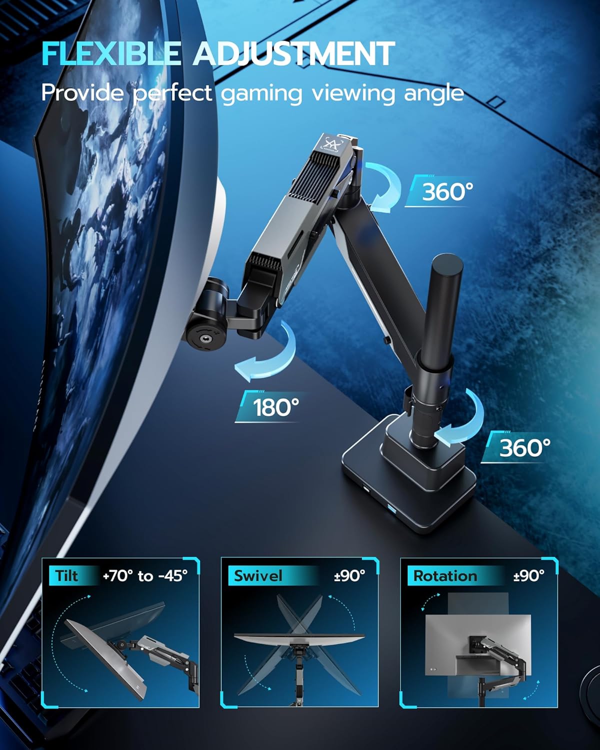 ARES WING Single Monitor Mount with USB, Ultrawide Monitor Arm for 24 to 57 Inch Heavy Duty Curved Screen, Adjustable Gas Spring Monitors Arm Stand up to 66LBS with 75/100/200 Vesa Mount, Black