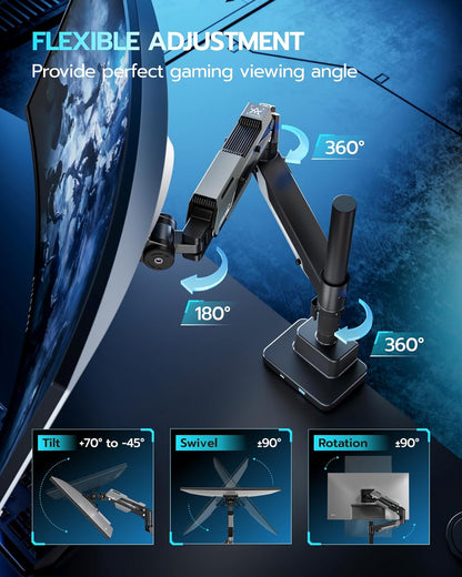 ARES WING Single Monitor Mount with USB, Ultrawide Monitor Arm for 24 to 57 Inch Heavy Duty Curved Screen, Adjustable Gas Spring Monitors Arm Stand up to 66LBS with 75/100/200 Vesa Mount, Black