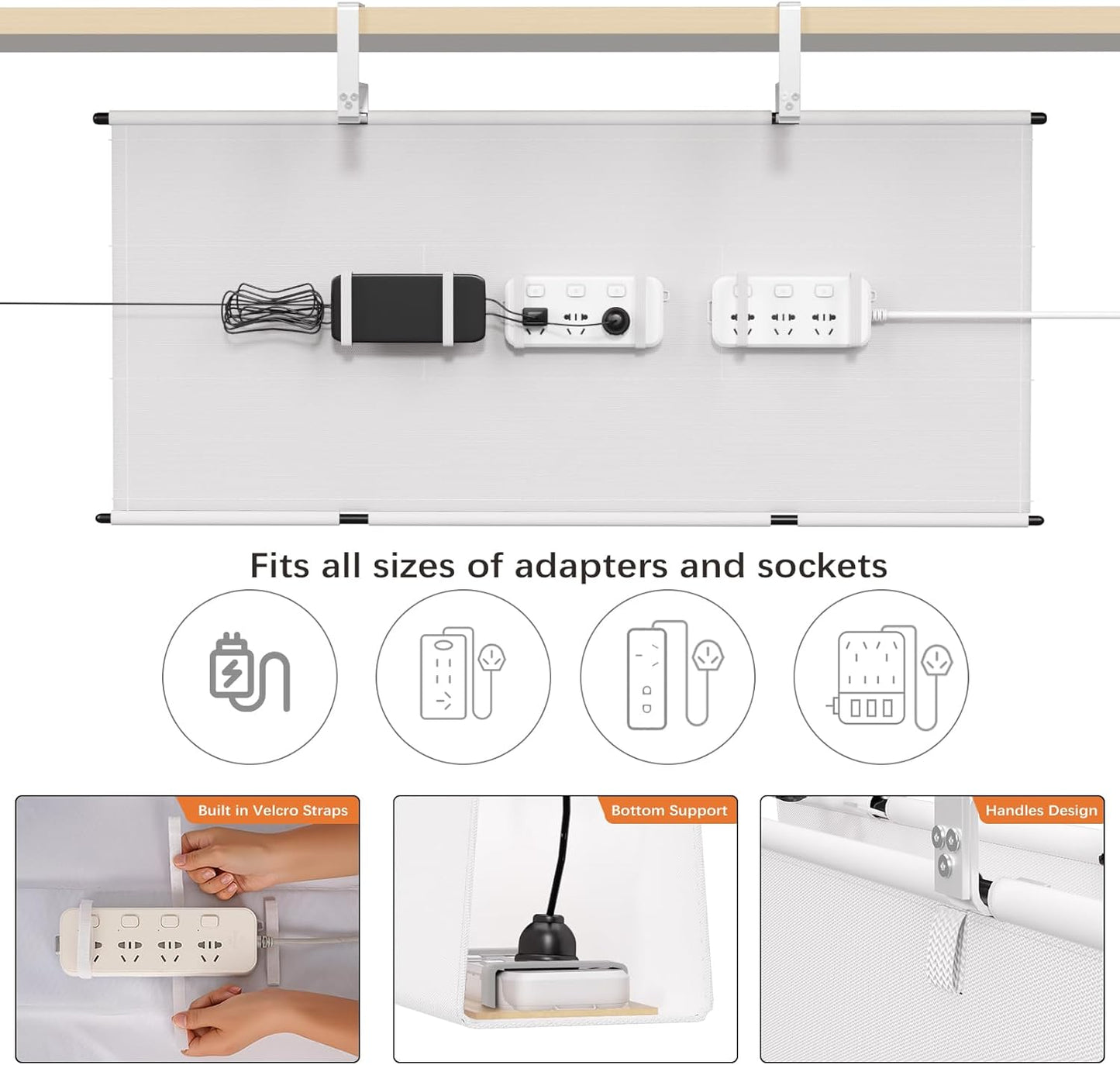 Under Desk Cable Management Tray - 36" Cord Organizer for Desk No Drill, Fabric Under Table Wire Organizer with 16X Cable Ties Hide for Office/Home, Cord Hider Fits Adapters & Sockets, White