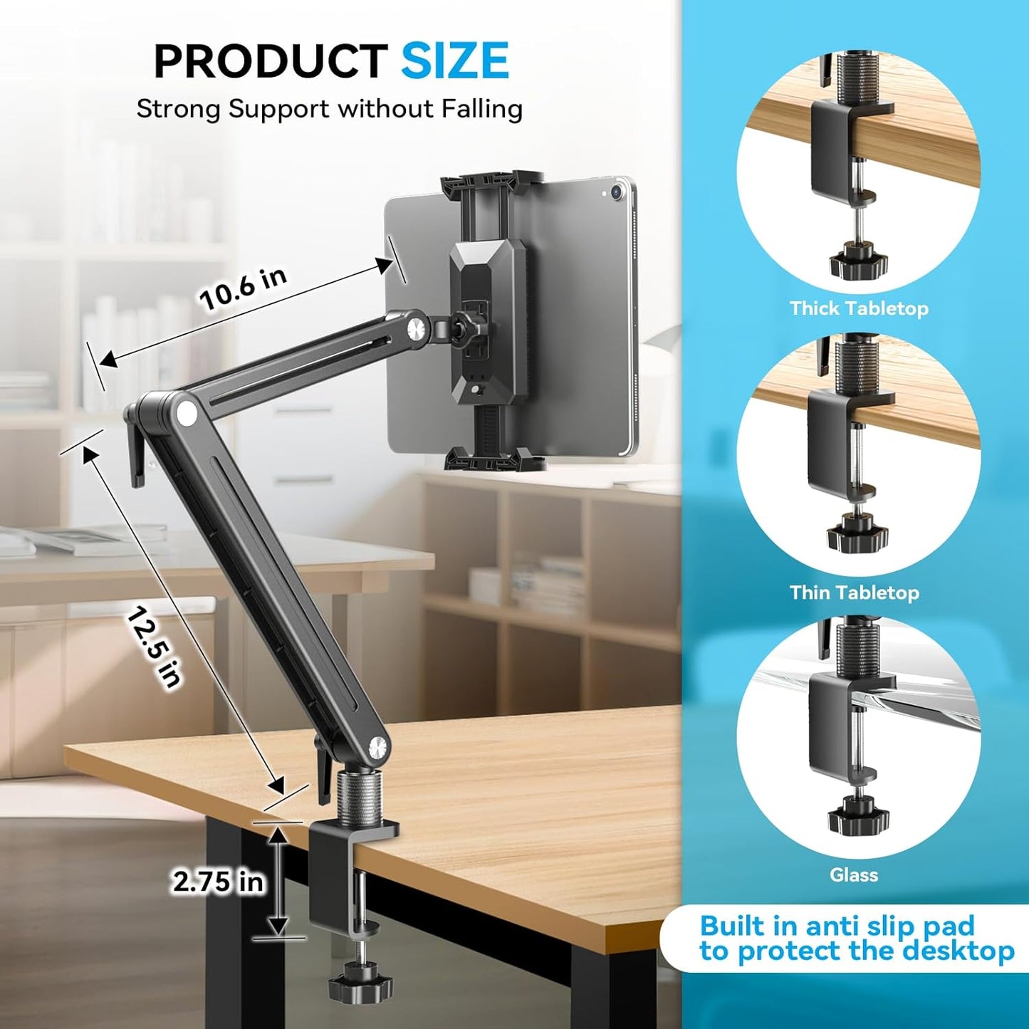 Adjustable Portable Monitor Stand 15.6" - 360° Rotating Base Tall Tablet Desk Arm Holder Stand for iPad Air/Pro/Mini Swivel Flexible Bed Clamp Mount Soporte para Tablet/Monitor Portatil/Ereader