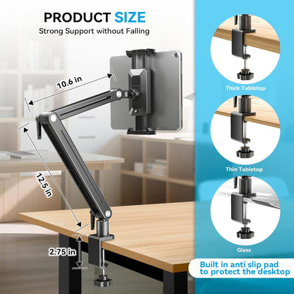 Adjustable Portable Monitor Stand 15.6" - 360° Rotating Base Tall Tablet Desk Arm Holder Stand for iPad Air/Pro/Mini Swivel Flexible Bed Clamp Mount Soporte para Tablet/Monitor Portatil/Ereader
