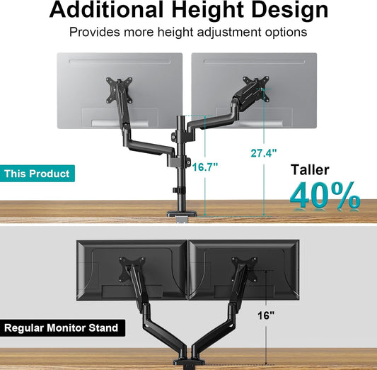 MOUNT PRO Dual Monitor Mount for 13-32" Computer Screen, Tall Monitor Stands for 2 Monitors, Adjustable Gas Spring Double Vertical Monitor Desk Mount, Each Arm Holds 4.4 to19.8lbs, VESA Mount, Black