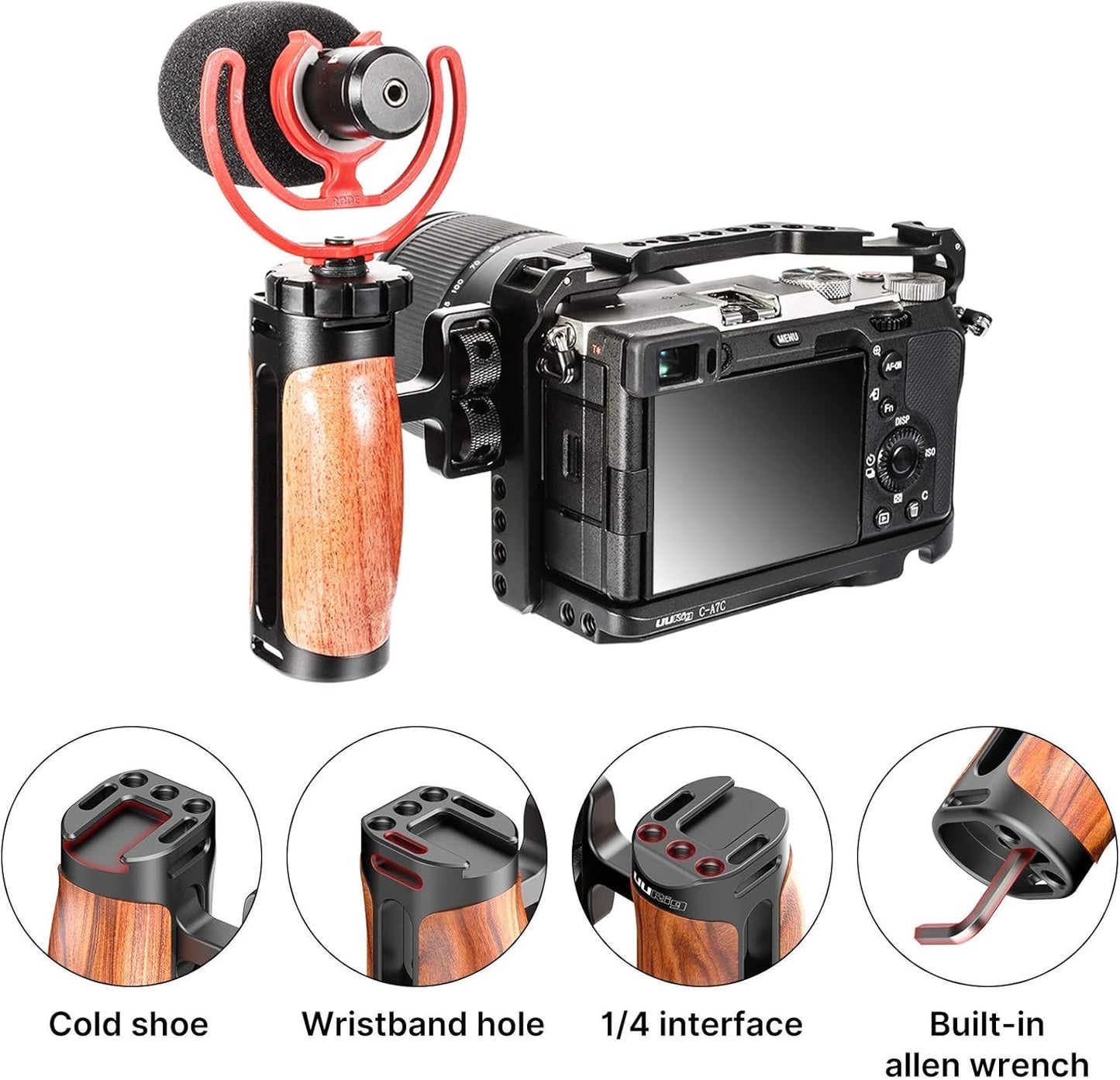 R075 Wooden Handle Grip Left Right Compatible for Sony A6400 A6600 A7III A7IV Nikon Canon Panasonic Camera Cage, for iPhone/Smartphone Video Rig Video-graphy Accessories Mobile Filming 1/4" Bracket