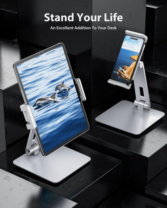 Maxonar Tablet Stand for Desk, 360° Adjustable Aluminum Alloy Swivel iPad Charging Tablet, iPad Pro Air Mini Tablet Holder for Bed Store POS Showcase Kitchen Office Drawing Desktop (6-13''), Silver