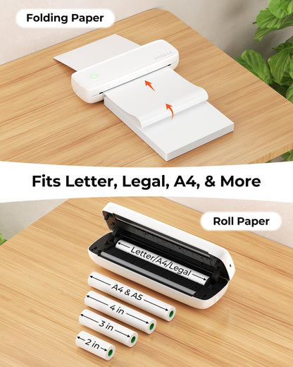 MUNBYN Portable Printers Wireless for Travel ITP04, Inkless Printer, Thermal Bluetooth Printer, Support 8.5x11&A4 Thermal Paper, Compatible with Android and iOS Phone & Laptop, Small Printers (White)