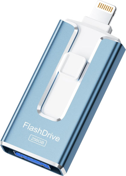 MFi Certified 256GB Flash Drive for iPhone iPad, Photo Stick for External Memory Storage, Easily Back Up and Save Photos Videos, USB Memory Stick Thumb Drive for iPhone/iPad/Android/PC (Blue, 256GB)