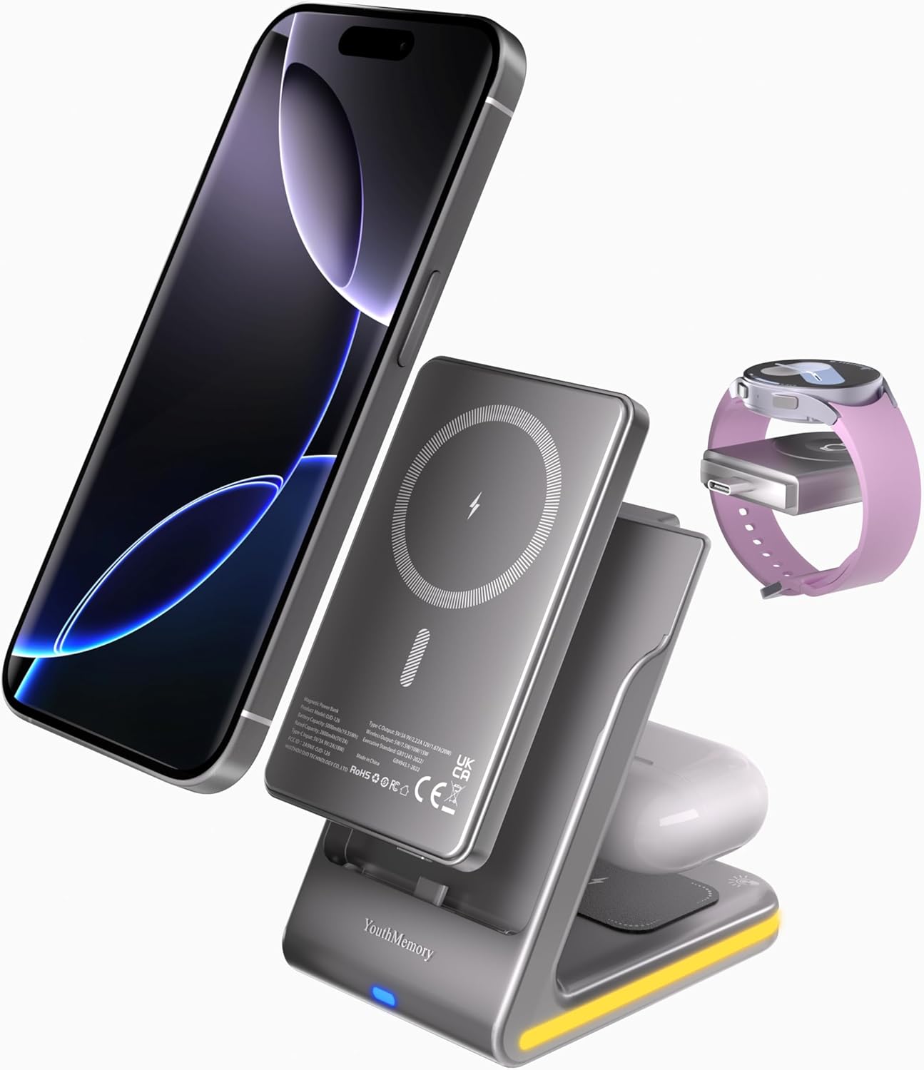 Wireless Charger 5 in 1 Magnetic Charging Station Stand with Portable Power Bank for Apple/Samsung Multiple Devices for Apple Watch 10-2,iPhone 16 15-12 Pro Max/Samsung Galaxy S25 Ultra S24-S8