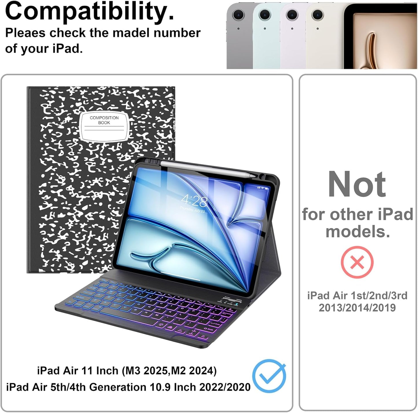 Supveco Keyboard Case for iPad Air 11 Inch (M3 2025,M2 2024),iPad Air 5th/4th Generation with Pencil Holder-7 Colors Backlit Wireless Detachable Folio Keyboard Cover with Soft TPU Back-Black