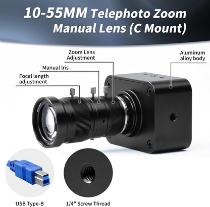 MOKOSE USB Camera 4K, USB3.0 Manual Focus Webcam with C-Mount 10-55mm Telephoto Zoom Lens, IMX678 1/1.8" 8MP Sensor Support YUY2,Web Camera for Desktop Computer Laptop