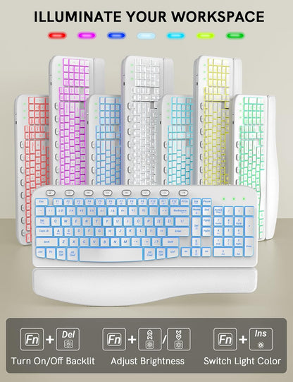 SABLUTE Ergonomic Wireless Keyboard and Mouse Combo - Wave Keyboard with Soft Leather Wrist Rest, Resistant Keys, RGB Backlit Rechargeable Set for PC/Mac/Chromebook (White)