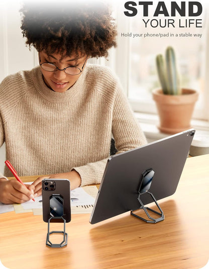 A-LuGei 𝗙𝗼𝗹𝗱𝗮𝗯𝗹𝗲 & 𝗔𝗱𝗷𝘂𝘀𝘁𝗮𝗯𝗹𝗲 Cell Phone Ring Holder Stand, Phone Kickstand for Desk, Cell Phone Holder for Hand, Ring for Back of iPhone, Metal Phone Grip for Magnetic Car Mount