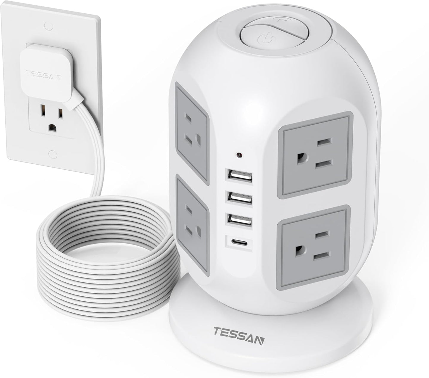 TESSAN Tower Surge Protector Power Strip 10 ft, Long Flat Extension Cord with Multiple Outlets, 8 AC Outlets with 4 USB Ports (1 USB C), Charging Station with Surge Protection, for Home Office Dorm
