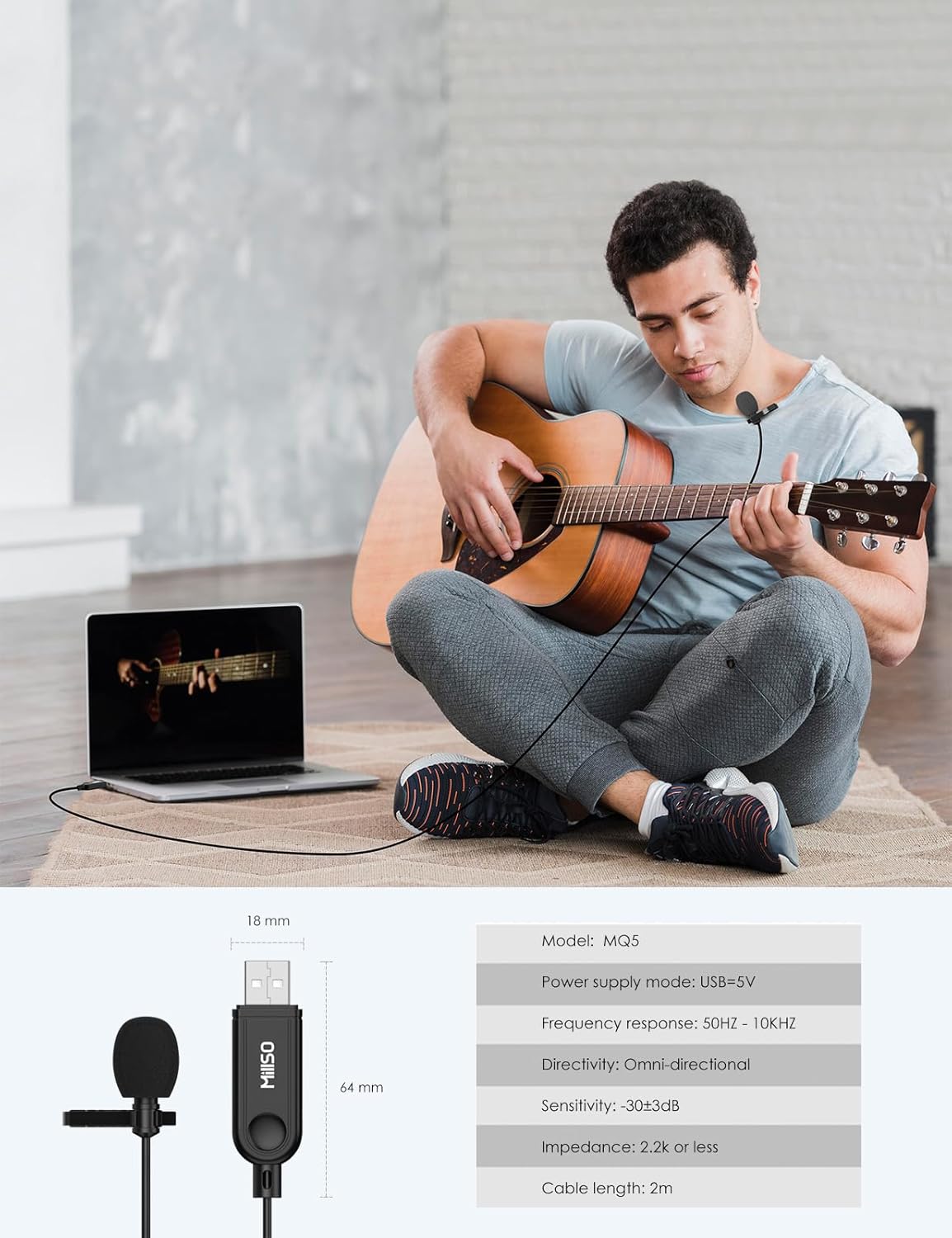 MillSO USB PC Microphone Plug & Play USB Lavalier Microphone Omnidirectional External Clip-on Mini USB Microphone for Computer, Laptop, YouTube, Recording, Podcasting, Gaming - 2M/6.5FT