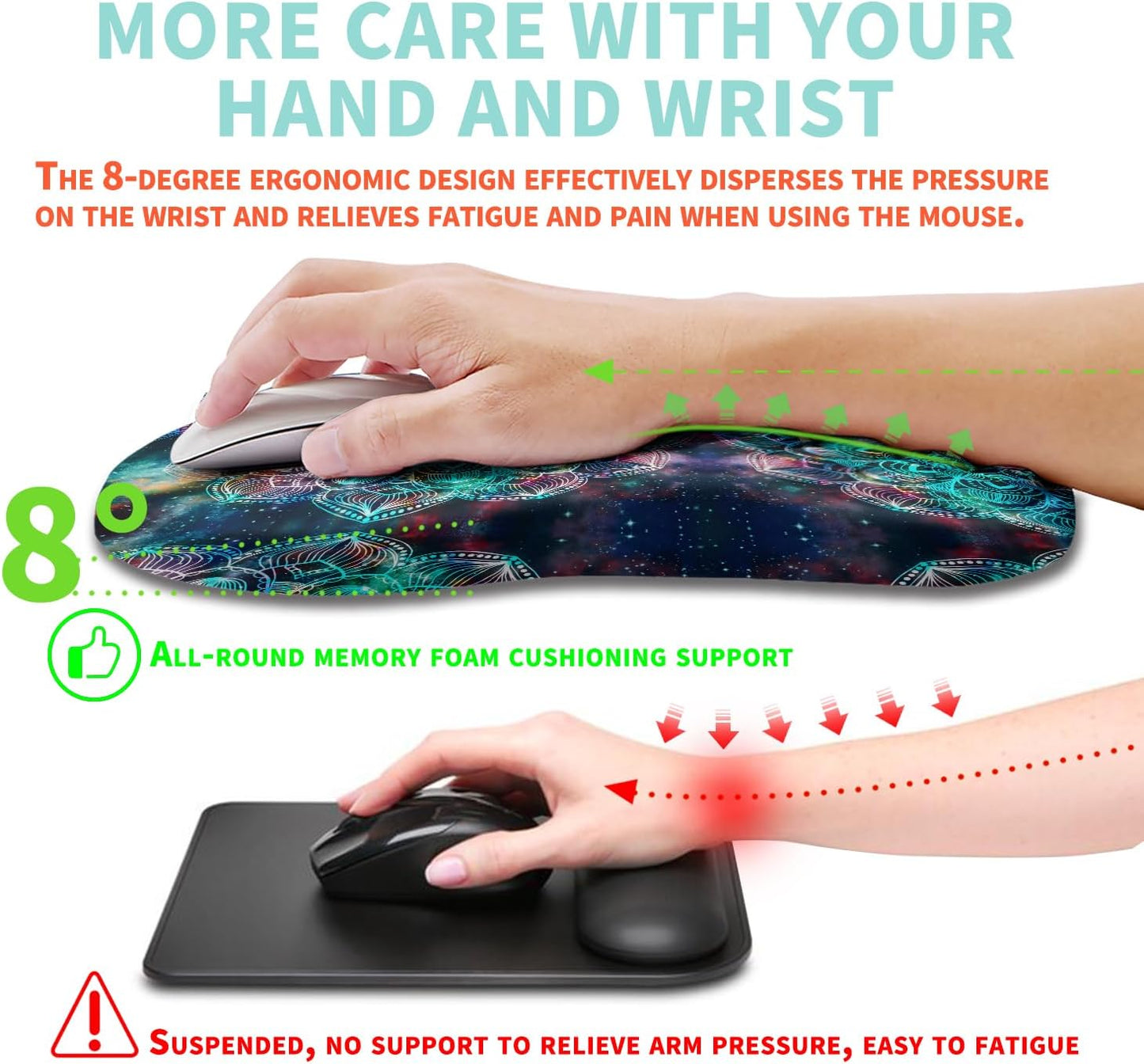 Ergonomic Mouse Pad Wrist Support with Memory Foam Massage Bulge, Carpal Tunnel Pain Relief Mousepad Wrist Rest for Mouse(12x8 inch, Mandala)