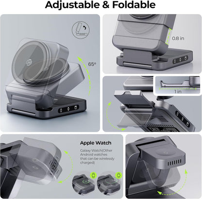 【2025 Upgraded】 Wireless Charger 3 in 1, Foldable Wireless Charging Station, Travel Magnetic Charger Stand, Nightstand 15W Charging Station for iPhone 16 Samsung S25 Samsung Watch TWS Earphone
