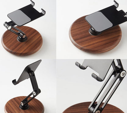 RENMTURE Phone Desk Stand, Adjustable Foldable Cell Phone Stand with 360° Rotation for iPhone 16 15 14 13 Pro ipad, Mobile Phones & Tablets Stable, Ergonomic Holder for Home Office, Walnut Wood Base