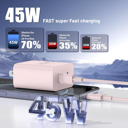 Super Fast Samsung Charger Type C,45W Dual Port USB C Fast Charger Block [2-Pack] & Extra Long 60W 3/6/6/10FT USB C Cable - PD Quick Charging 3.0 for Samsung Galaxy S25 Ultra/S24+/S23 iPhone 16