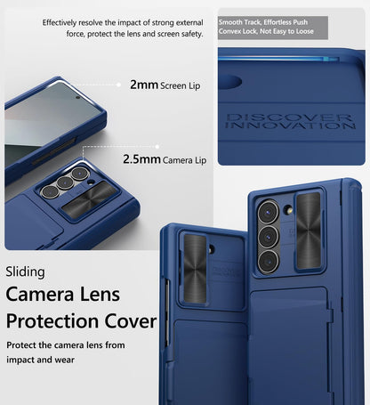 Vihibii for Samsung Galaxy Z Fold 6 Case Wallet with Card Holder & Slide Camera Lens Cover & Screen Protector & Hinge Protection, Durable Rugged Protective Phone Case for Galaxy Z Fold 6 2024, Blue