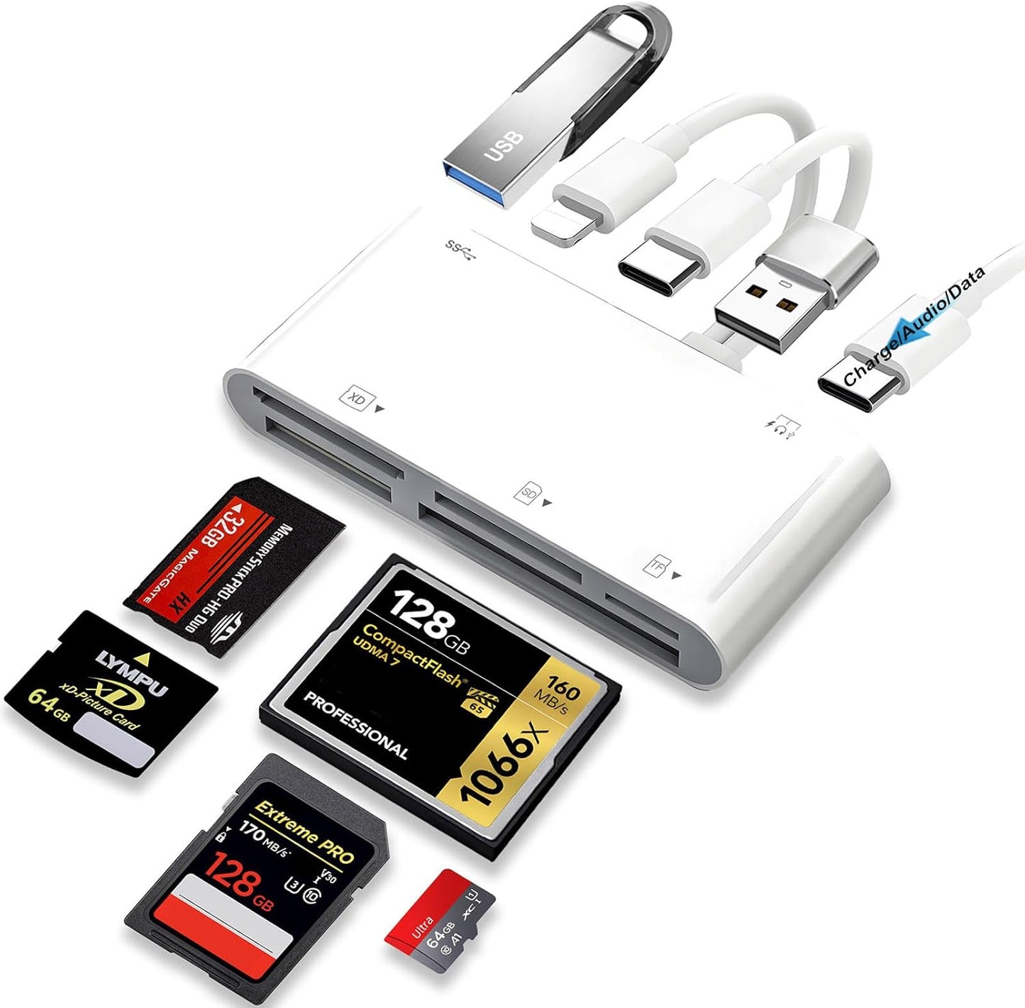 9-in-1 Memory Card Reader Universal Card Reader for iPhone/iPad, CF/SD/MicroSD/MS/XD Card Reader & USB OTG Adapter with USB/USB-C/Lightening Connector for iPhone 16/iPad Pro/Samsung Galaxy/MacBook etc