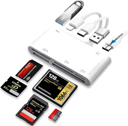 9-in-1 Memory Card Reader Universal Card Reader for iPhone/iPad, CF/SD/MicroSD/MS/XD Card Reader & USB OTG Adapter with USB/USB-C/Lightening Connector for iPhone 16/iPad Pro/Samsung Galaxy/MacBook etc