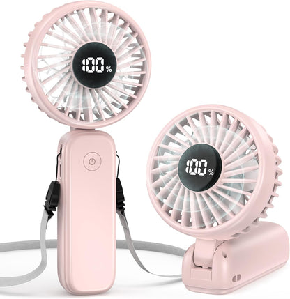Portable Handheld Fan, 5000mAh Rechargeable Battery, Max 15H Cooling, 4 Speeds, LED Display, Foldable Design, 3-IN-1 Personal Pocket Fan with lanyard for Travel Outdoors Makeup Concert Commute