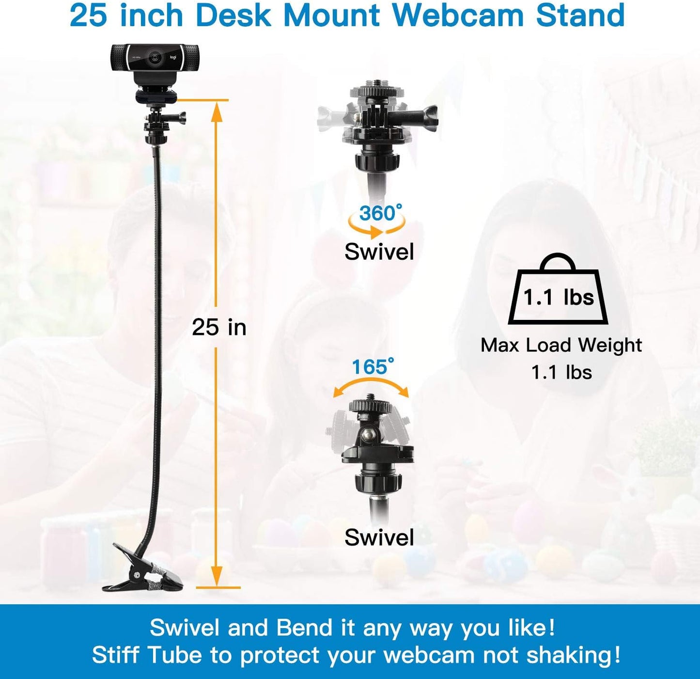 Pipishell 25 Inch Webcam Stand, Flexible Desk Mount Clamp Gooseneck Stand for Logitech Webcam C960 C930e C930 C920 C920S C922x C922 Brio 4K C925e C615 and Other Devices with 1/4" Thread-PIWS01