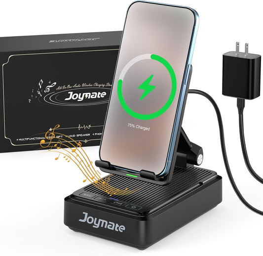 Gifts for Men and Women, Wireless Phone Charger Stand with Bluetooth Speaker and Adjustable Angle Phone Holder for Desk Tech Gift for Birthday/Anniversary (Black)