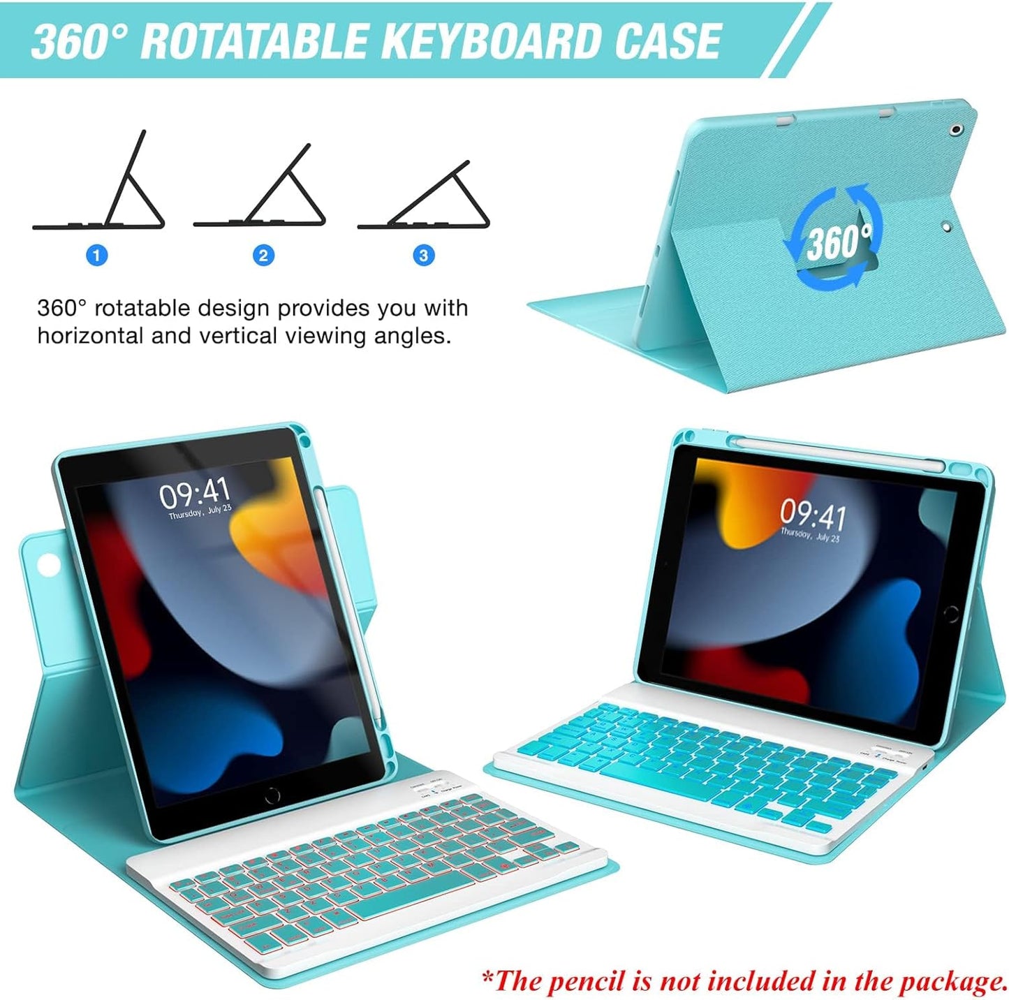 Keyboard Case for iPad 9th/8th/7th Generation 10.2 inch,360° Rotatable iPad Air 3 Pro 10.5-inch Case with Pencil Holder(2021/2020/2019/2017),7 Color Backlit Bluetooth Keyboard Folio Cover (Lake Blue)