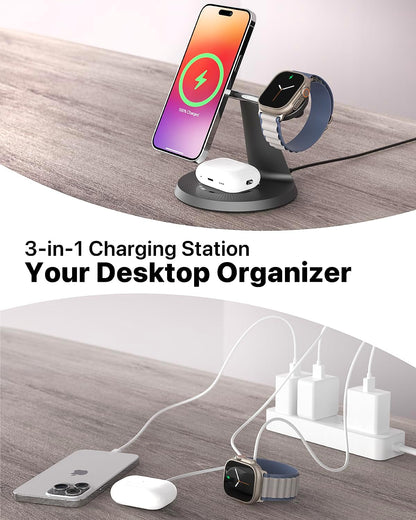 3 in 1 Wireless Charging Station for Apple Device: Fast Charging Station for iPhone and Watch with MagSafe, Stable Charger Stand for iPhone 12-16 & iWatch & AirPods