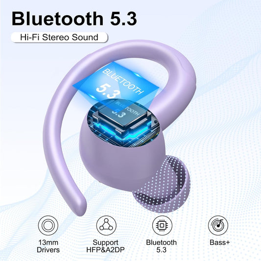 Wireless Earbuds Bluetooth 5.3 Headphones Sports, 48Hrs Playtime Bluetooth Earbuds with CVC 8.0 Mic, Stereo Bass Over Ear Bud with Earhooks, LED Display, IP7 Waterproof Earphon for Running Purple