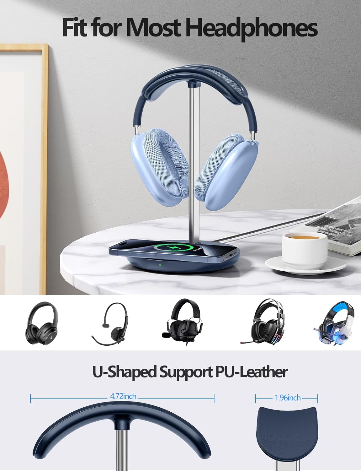 Miroddi Headphone Stand with Wireless Charger, Independent USB Charging Port, 5 in 1 Charging Station Headset Holder Rack for iWatch, iPhone, Samsung and Desk All Headphones, Dark Blue