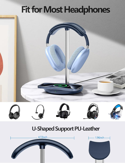 Miroddi Headphone Stand with Wireless Charger, Independent USB Charging Port, 5 in 1 Charging Station Headset Holder Rack for iWatch, iPhone, Samsung and Desk All Headphones, Dark Blue