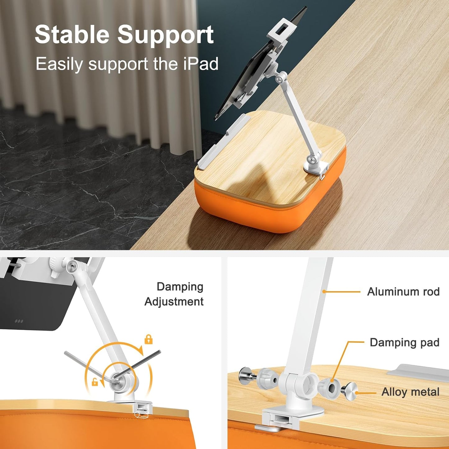 Lap Beanbag Cozy Kindle Pillow Stand for Bed with Adjustable Arm, 360° Tablet Holder, Fits 4.7"-13" Kindle, iPad, Phone, Lap Desk for Hands Free Reading in Bed, Couch, Sofa,Orange