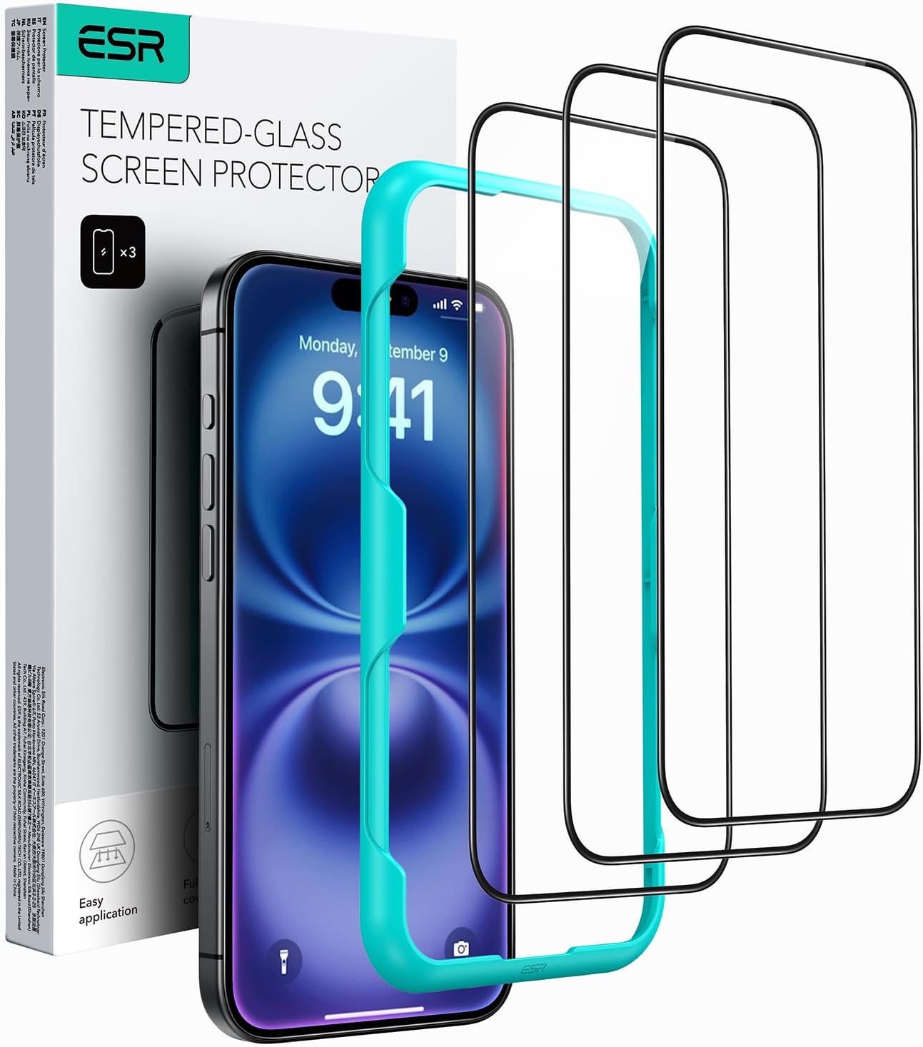 ESR 3 Pack for iPhone 16 Plus/iPhone 15 Plus Screen Protector, [9H Hardness] [Military Grade Shatterproof] Full Coverage Tempered Glass Film with Easy Installation Tool, HD Clear, Scratch Resistant