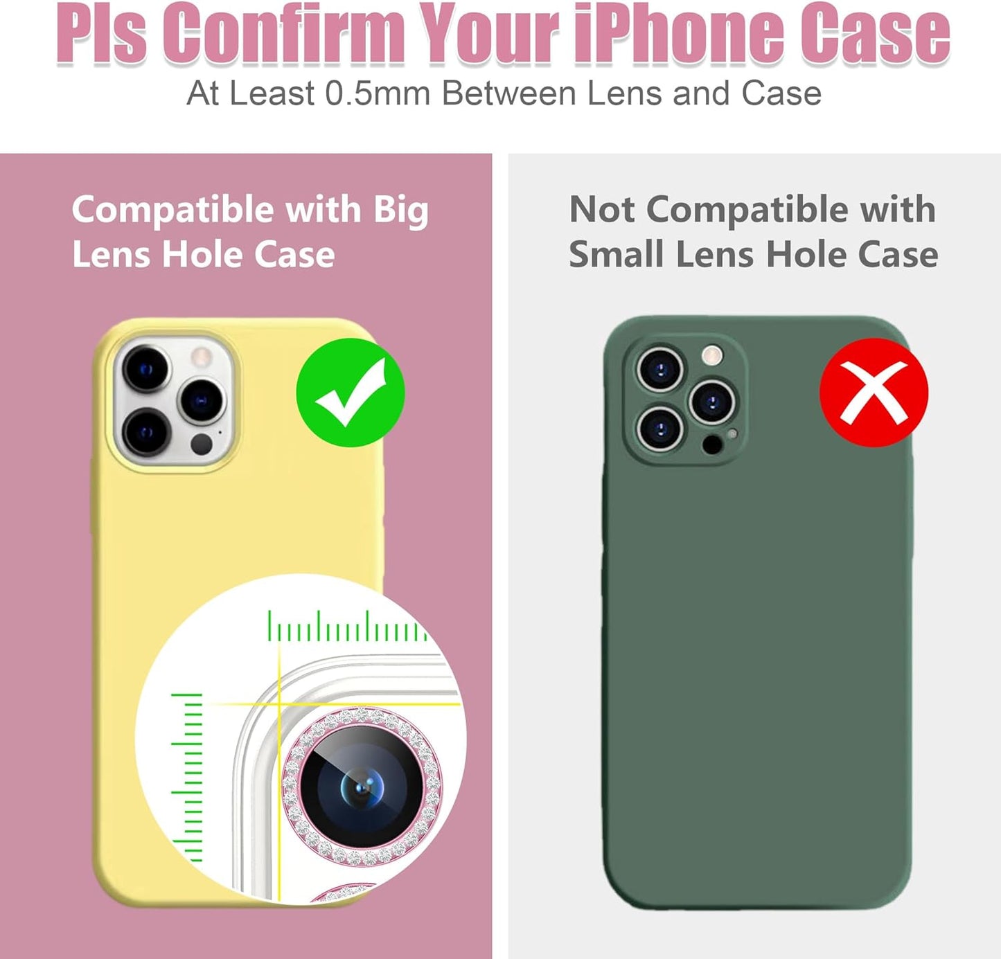 AGVEE 3+3 6 Pack for iPhone 15 Pro 6.1" / 15 Pro Max 6.7" Camera Lens Cover Protector, Bling Diamond & Bling Glitter Metal Ring 9H Tempered HD Glass Camera Cover Protector Film, Bling-Pink