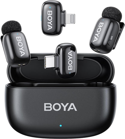 BOYA mini Wireless Microphone for iPhone/Android/PC/Tablets with USB C/Lightning Plug, MFi Certified, Noise Reduction, AI Voice Changer, 30H Battery Life with Charging Case for Video Recording Podcast