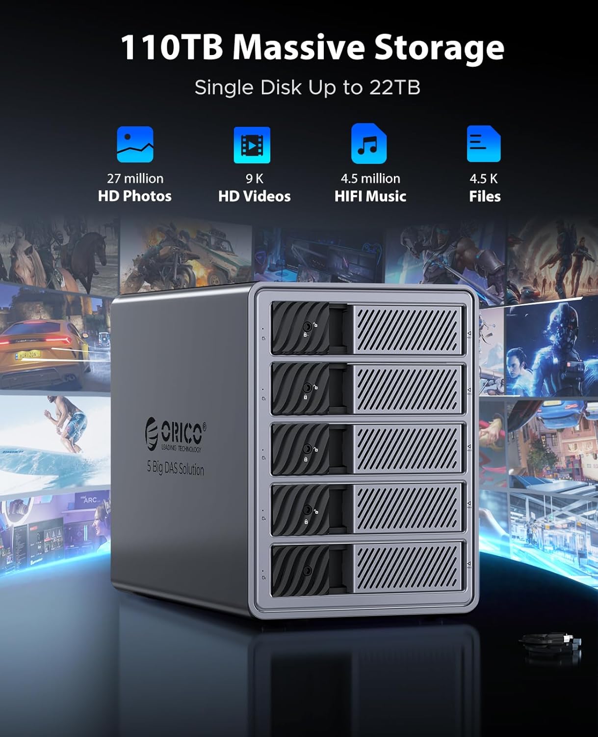 ORICO RAID 5 Bay HDD Enclosures USB 3.0 Push-Pull Mounting for 3.5-inch HDD, Max 110TB, External Direct Attached Storage 8 RAID Modes Supported 9858RU3