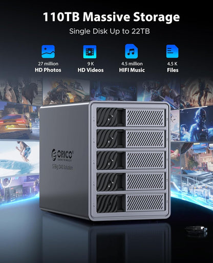 ORICO RAID 5 Bay HDD Enclosures USB 3.0 Push-Pull Mounting for 3.5-inch HDD, Max 110TB, External Direct Attached Storage 8 RAID Modes Supported 9858RU3