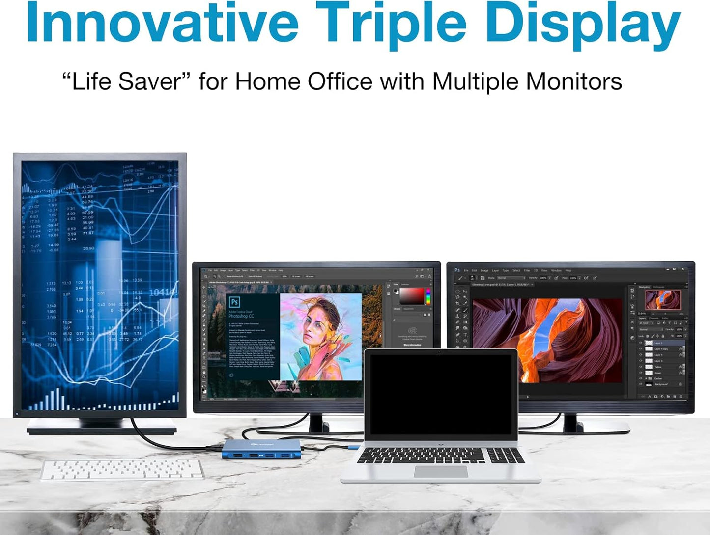 UtechSmart 11 in 1 Docking Station, Triple Monitors USBC Laptop Docking Station with 2 HDMI, VGA, PD3.0, SD TF Card Slot, 4 USB Ports USB-C Adapter Compatible for MacBook & Windows(Blue)