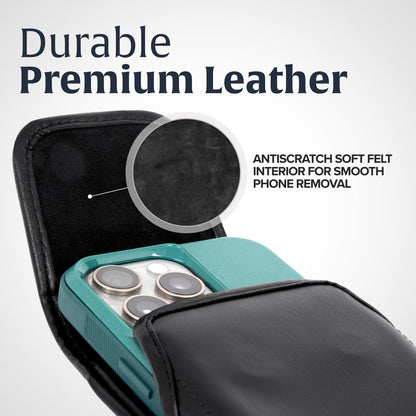 Turtleback Belt Clip for iPhone 16 Pro, 16e, 15 pro 14 Pro 13 Pro -Medium- Fits w/Shockproof Commuter Style Cases, Premium Black Leather, Vertical Belt Holder, Magnetic Closure HD Rotating Clip