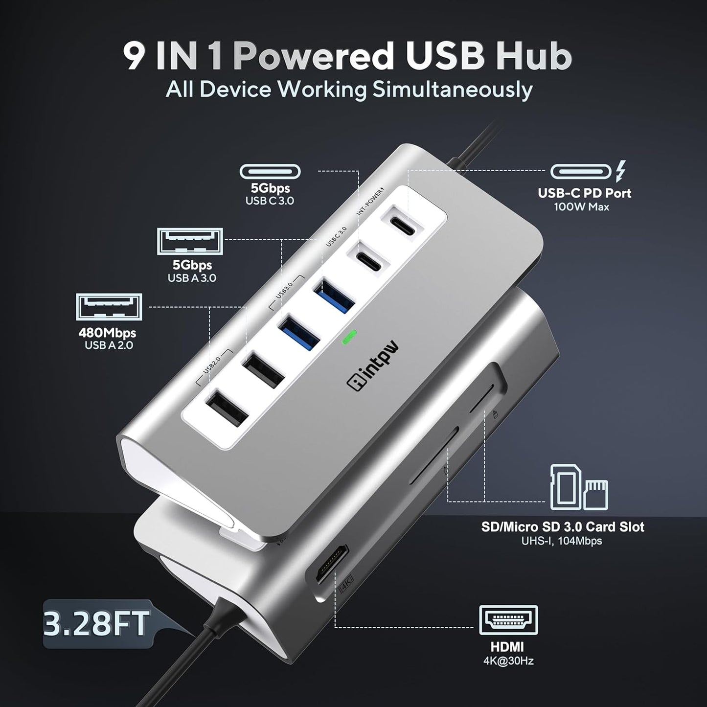 USB C Hub, 9-in-1 Laptop Docking Station with 3.28FT Cable, USB HUB for Laptop with 4K HDMI, PD 100W, USB-C and 2 USB A 3.0 5Gbps, 2 USB A 2.0, SD/TF Slot for MacBook Air/Pro iPad Type-C Laptop