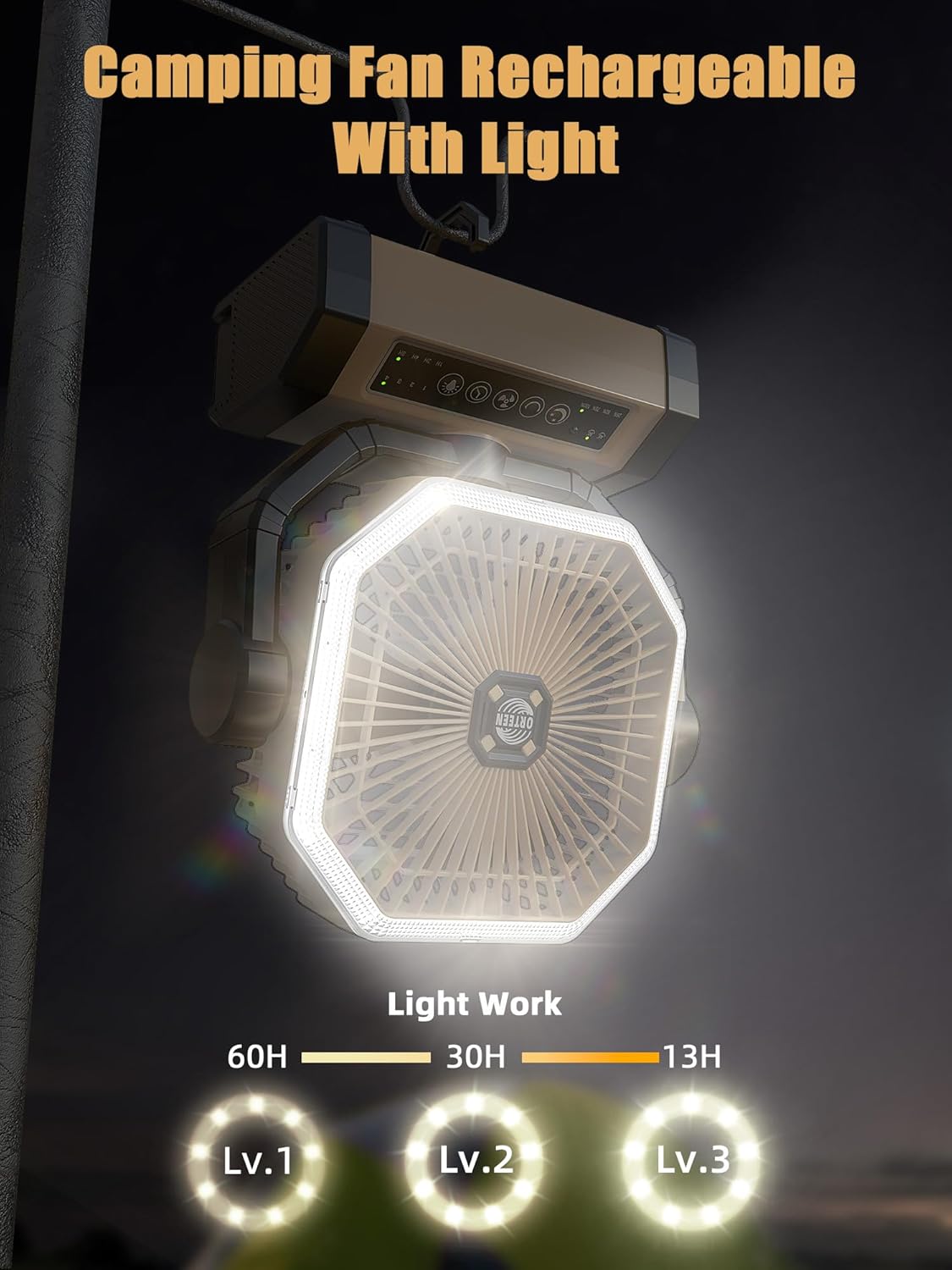 Camping Fan Rechargeable - 9-Inch Battery Powered Fan, 20000mAh(60Hrs) Battery Operated for Camping, Auto Oscillation Cordless, Tent Fan with Remote/Light, 4 Speeds, 4 Timing, Outdoor