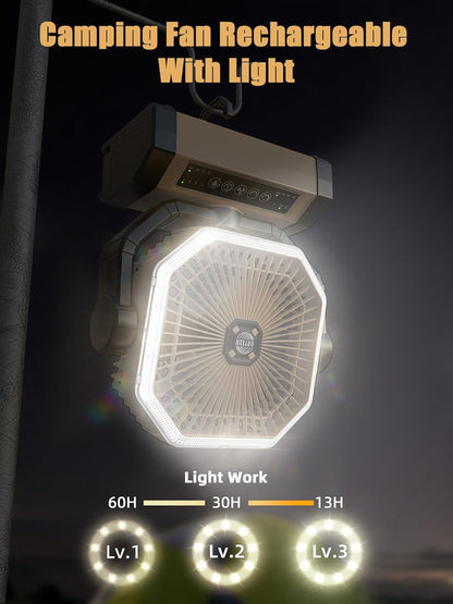 Camping Fan Rechargeable - 9-Inch Battery Powered Fan, 20000mAh(60Hrs) Battery Operated for Camping, Auto Oscillation Cordless, Tent Fan with Remote/Light, 4 Speeds, 4 Timing, Outdoor