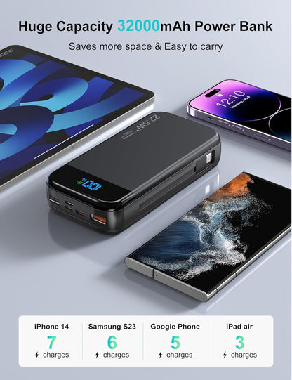 Portable Charger Power Bank 32000mAh with Built in Cables, PD3.0 USB C Fast Phone Charger, 5 Outputs LCD Display Travel Battery Pack Compatible with iPhone, Samsung All Cell Phones (Black)