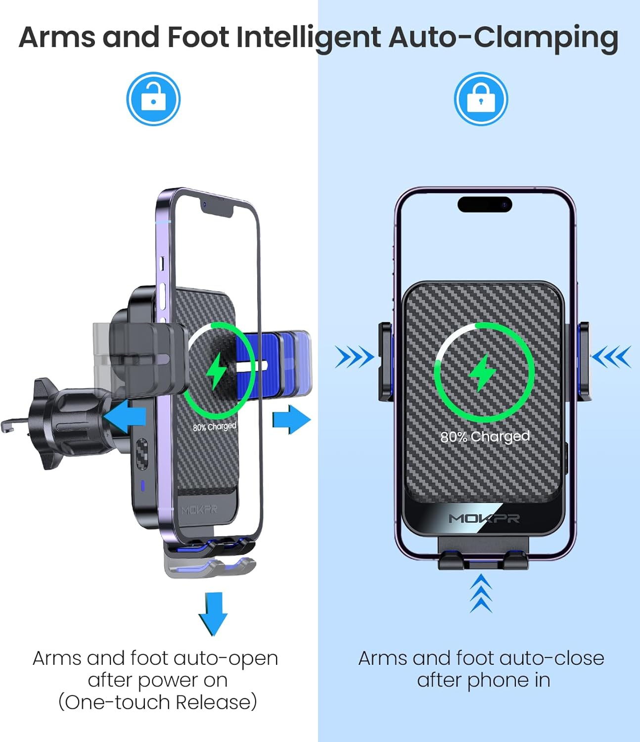Wireless Car Charger, MOKPR 15W Fast Charging Auto-Clamping Car Mount Hands-Free Car Charger Mount for Dash Windshield Air Vent Compatible with iPhone 16 15/14/13/12, Samsung S23/S22/S21,Blue